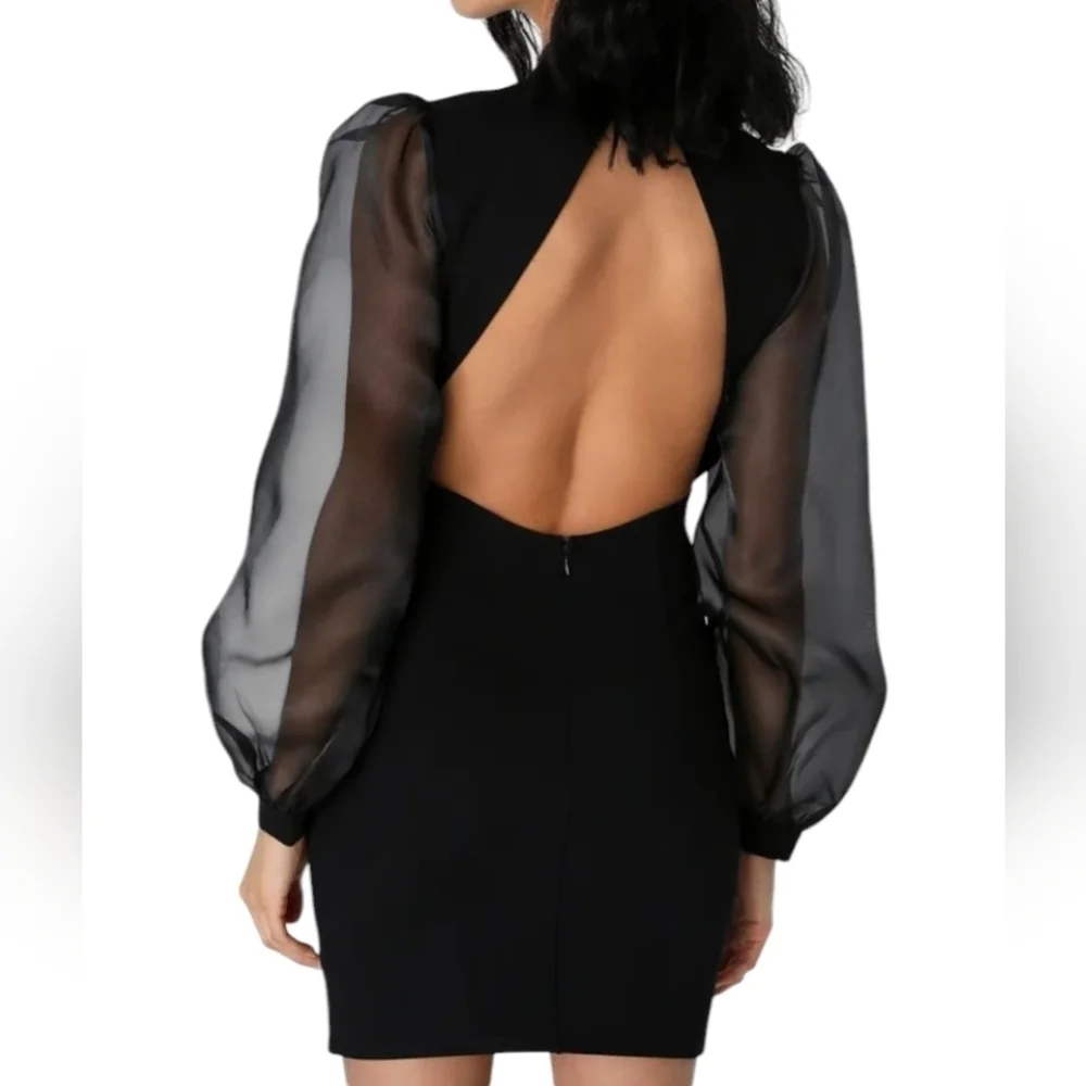LULUS Seeking Sophistication Black Backless Balloon Sleeve Mini Dress NWT